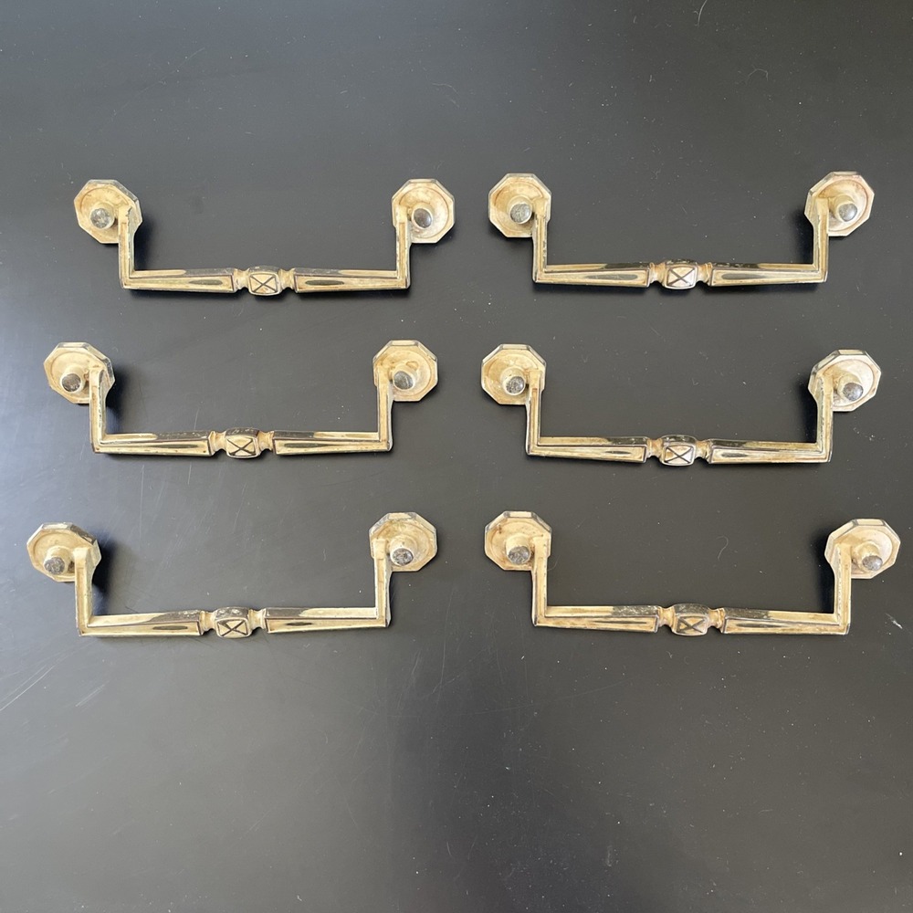 Lot of 6 Vtg drawer pulls handles Square Distressed MCM Brass Patina Antiqued